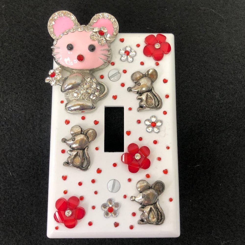 💕2/$25💕 Mice Hearts and Rhinestones Light Switch Plate Cover Handcrafted